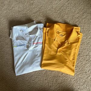 Two Men’s Under Armor golf polos. EUC. One orange, one white, size medium